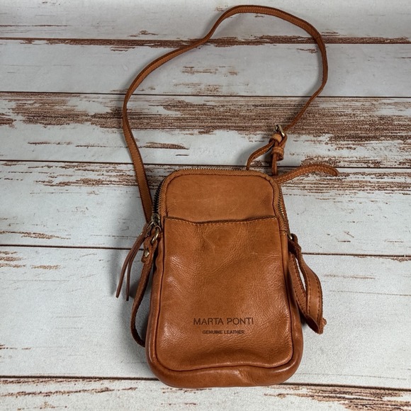 Marta Ponti Handbags - Marta Ponti Cognac Tan Genuine Leather Crossbody Phone Bag Made in Portugal